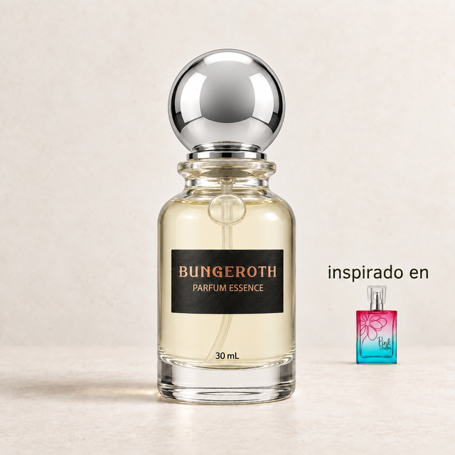 Sueño en Rosa(Inspirado en BYB Pink Chiffon Dama) — envase Bungeroth 30 mL sobre piedra clara
