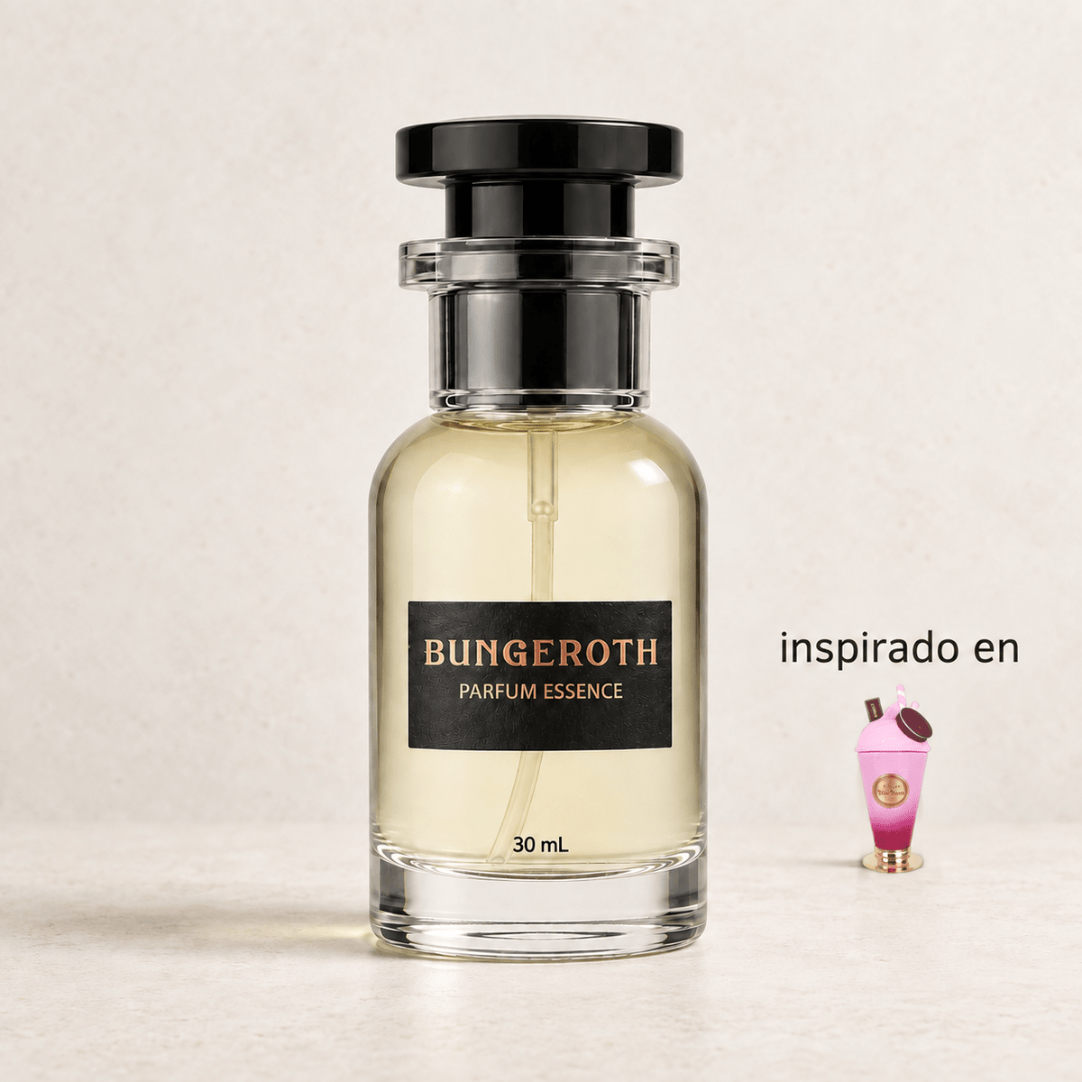 Sugar Velvet (Inspirado en Armaf Yum Yum dama) — envase Bungeroth 30 mL sobre piedra clara