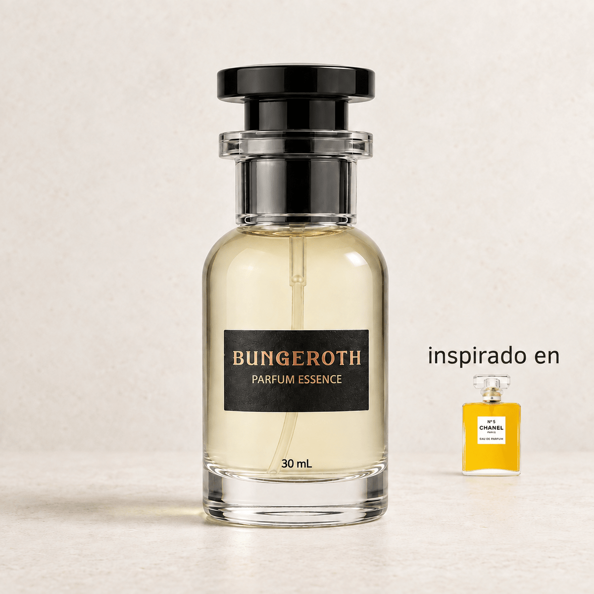 Timeless Essence (Inspirado en Chanel Nº5 dama) — envase Bungeroth 30 mL sobre piedra clara