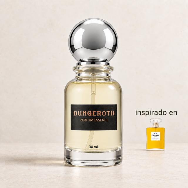 Timeless Essence (Inspirado en Chanel Nº5 dama) — envase Bungeroth 30 mL sobre piedra clara