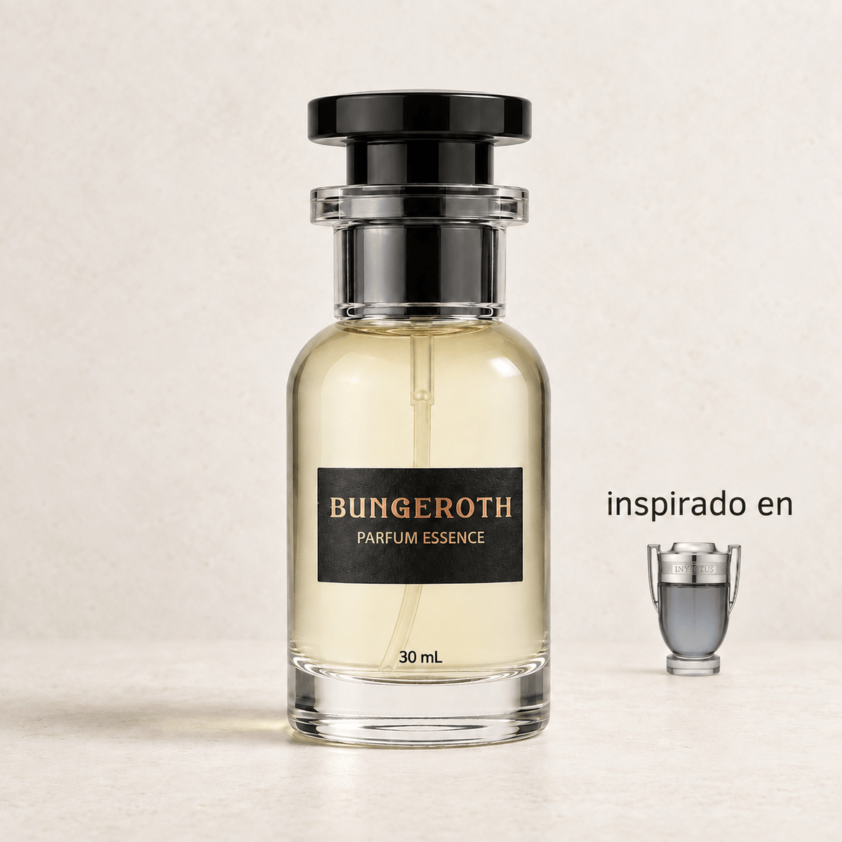 Triunfo (Inspirado en invictus men de paco rabanne) — envase Bungeroth 30 mL sobre piedra clara
