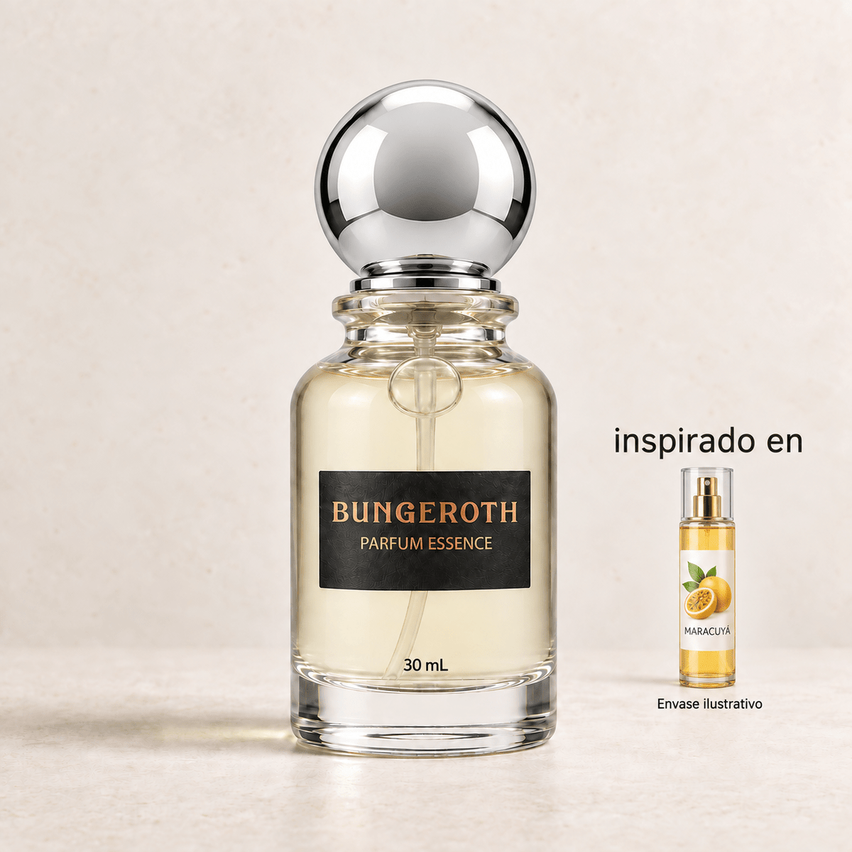 Trópico Dorado BUNGEROTH 30 mL, con splash ilustrativo de maracuyá