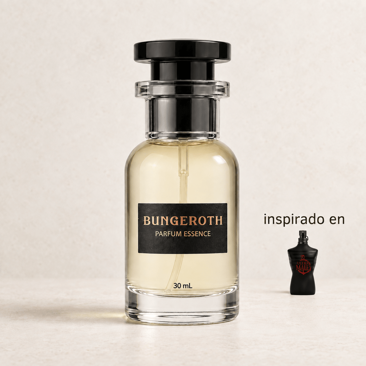 Ultra Instinto(Inspirado Jean Paul Ultra Male Men) — envase Bungeroth 30 mL sobre piedra clara