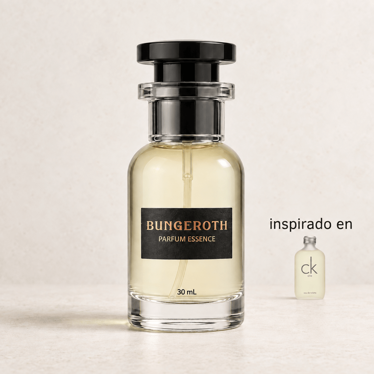 Unidad Moderna(Inspirado en CK One Unisex) — envase Bungeroth 30 mL sobre piedra clara
