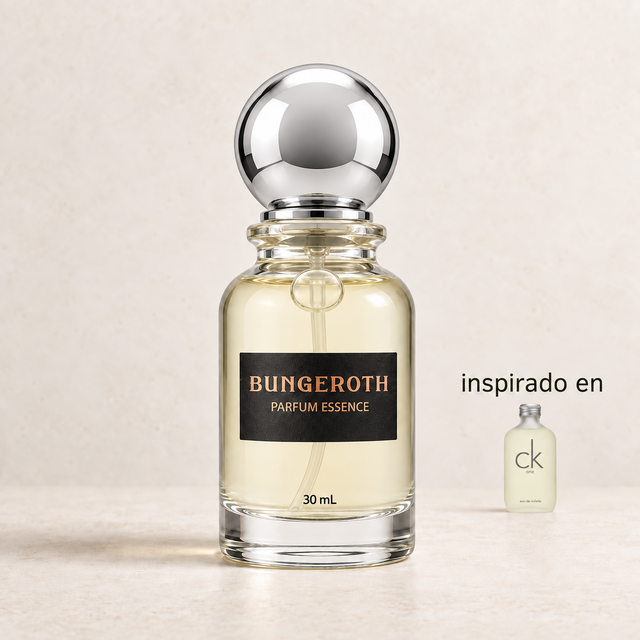 Unidad Moderna(Inspirado en CK One Unisex) — envase Bungeroth 30 mL sobre piedra clara