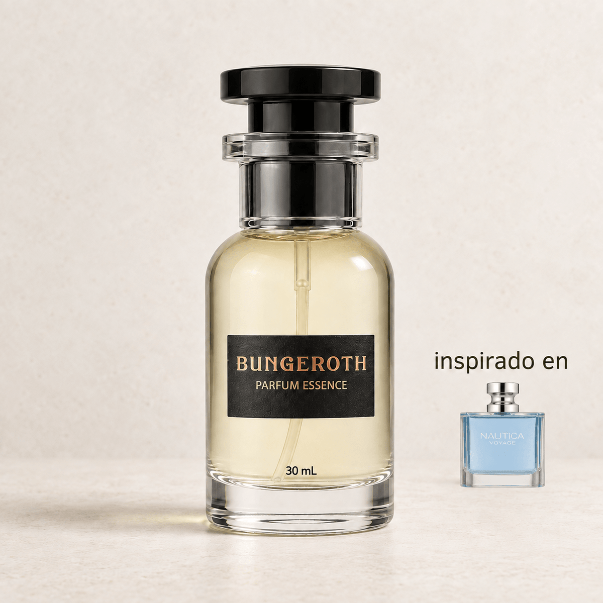 Viaje Marino(Inspirado Náutica Voyage men) — envase Bungeroth 30 mL sobre piedra clara
