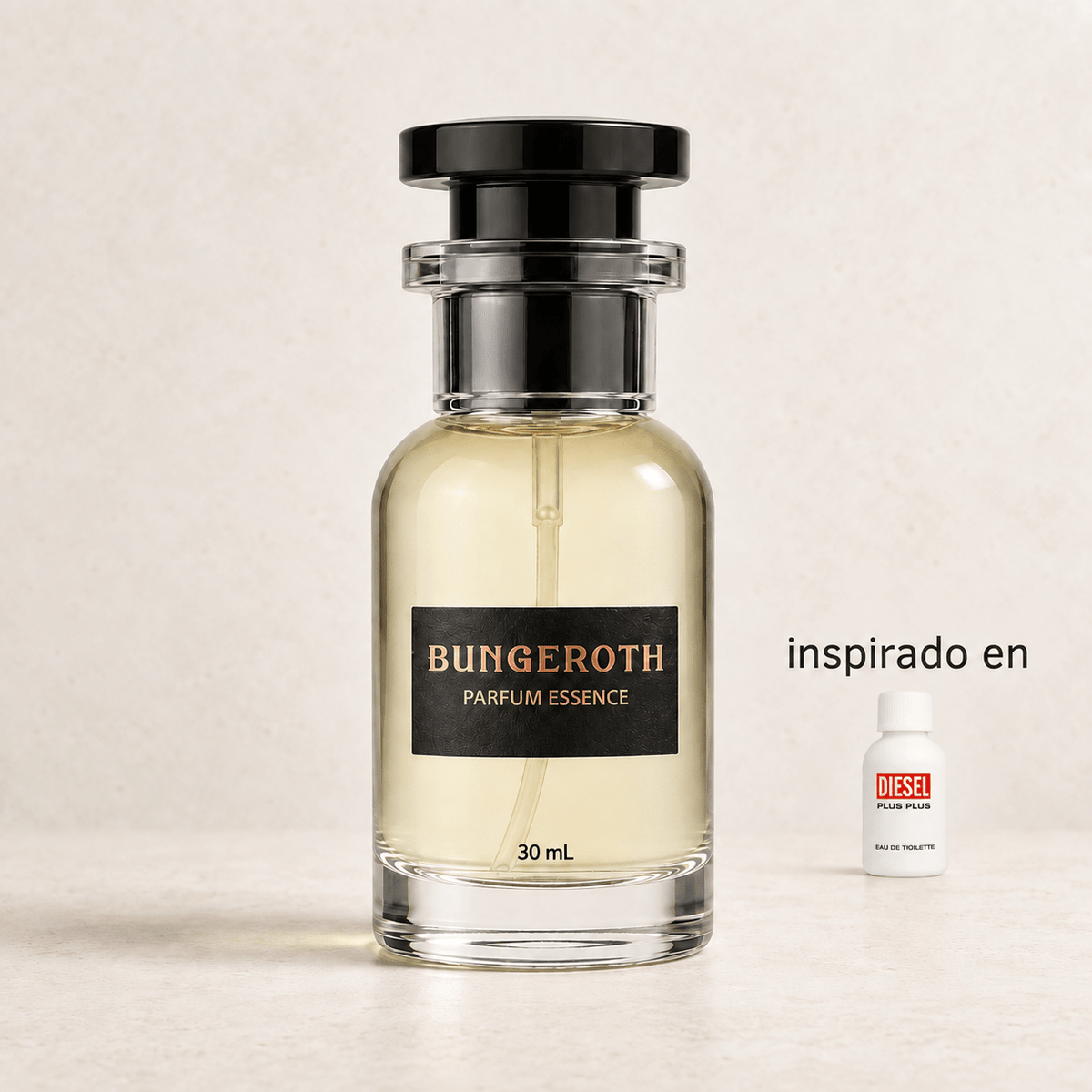 Vigor Cristalino(Inspirado Diesel Plus Blanca men) — envase Bungeroth 30 mL sobre piedra clara