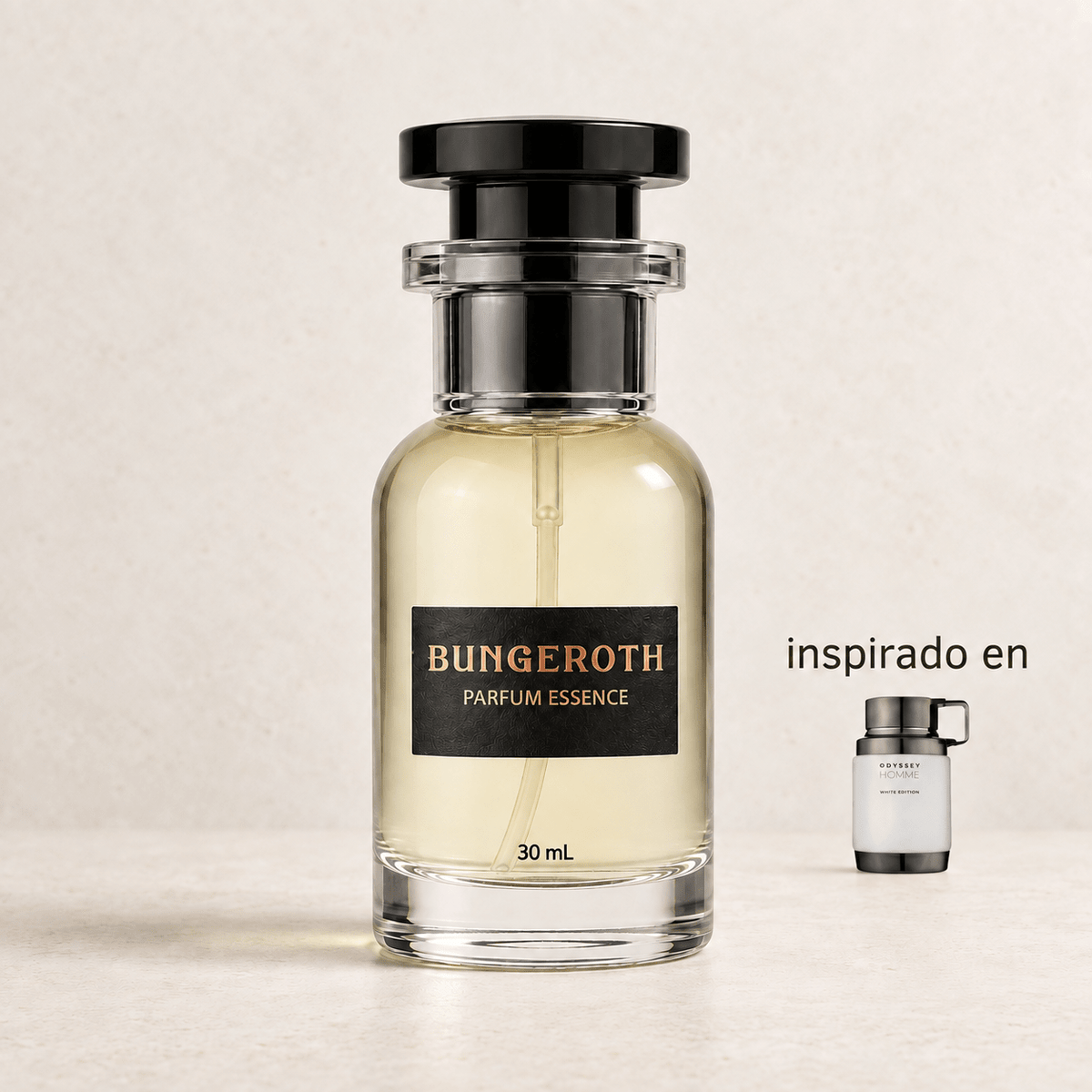 White Code(Inspirado en odyssey homme white edition men) — envase Bungeroth 30 mL sobre piedra clara