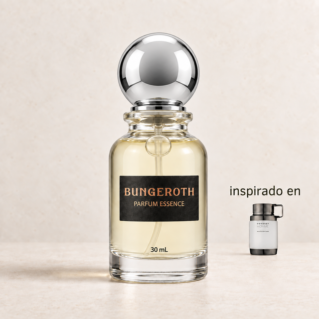White Code(Inspirado en odyssey homme white edition men) — envase Bungeroth 30 mL sobre piedra clara