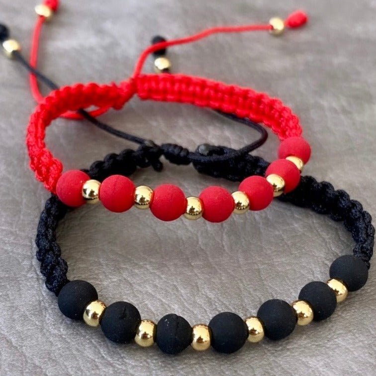 Pulseras pareja tejida golden hilo negro- rojo