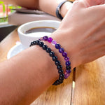 Set pulseras dama ágata morada y ónix 6mm