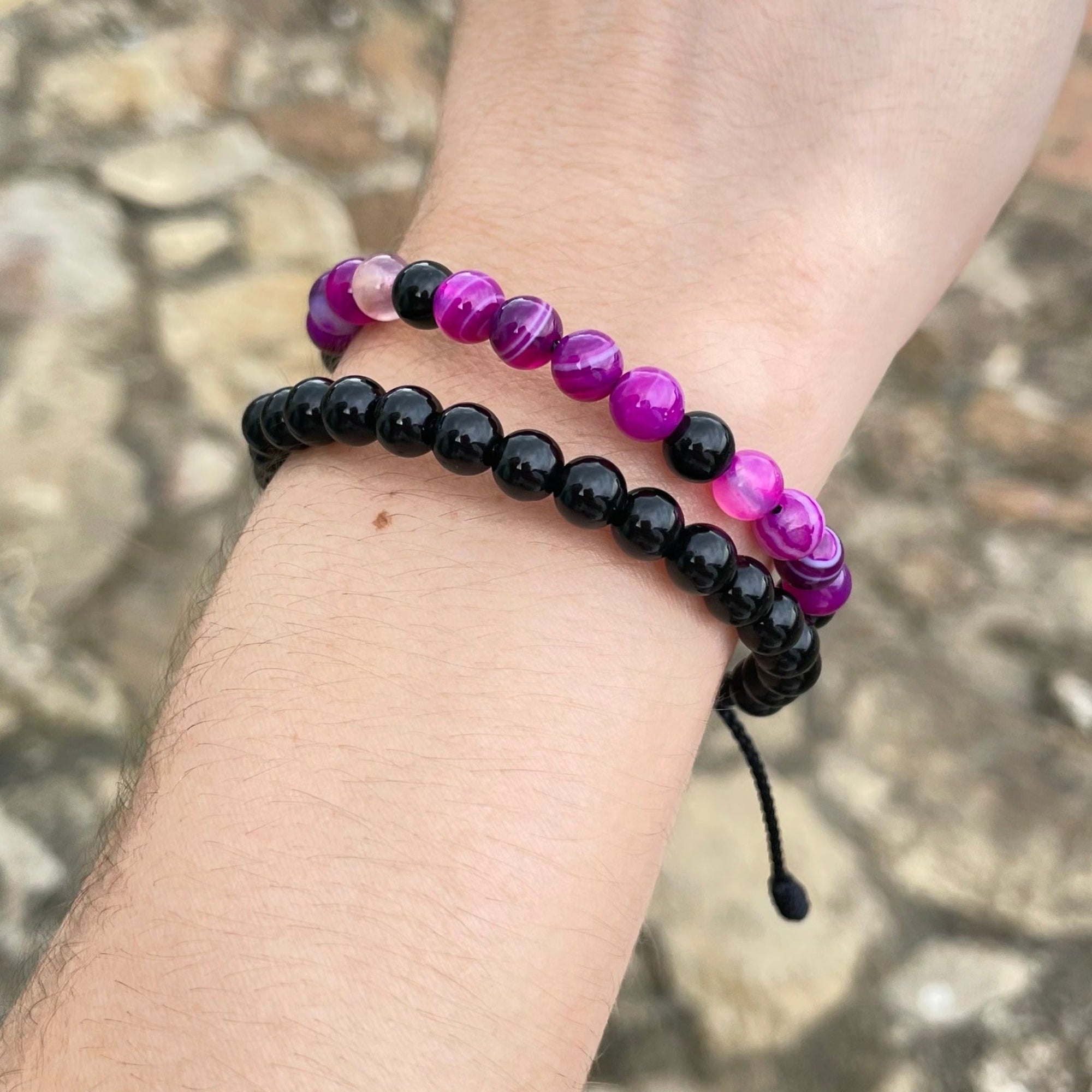 Pulseras dama ágata fucsia y ónix 6mm